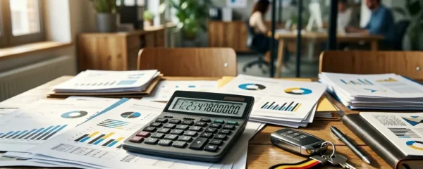 Calculatrice et documents fiscaux automobiles avec certificat d'immatriculation belge sur un bureau en bois