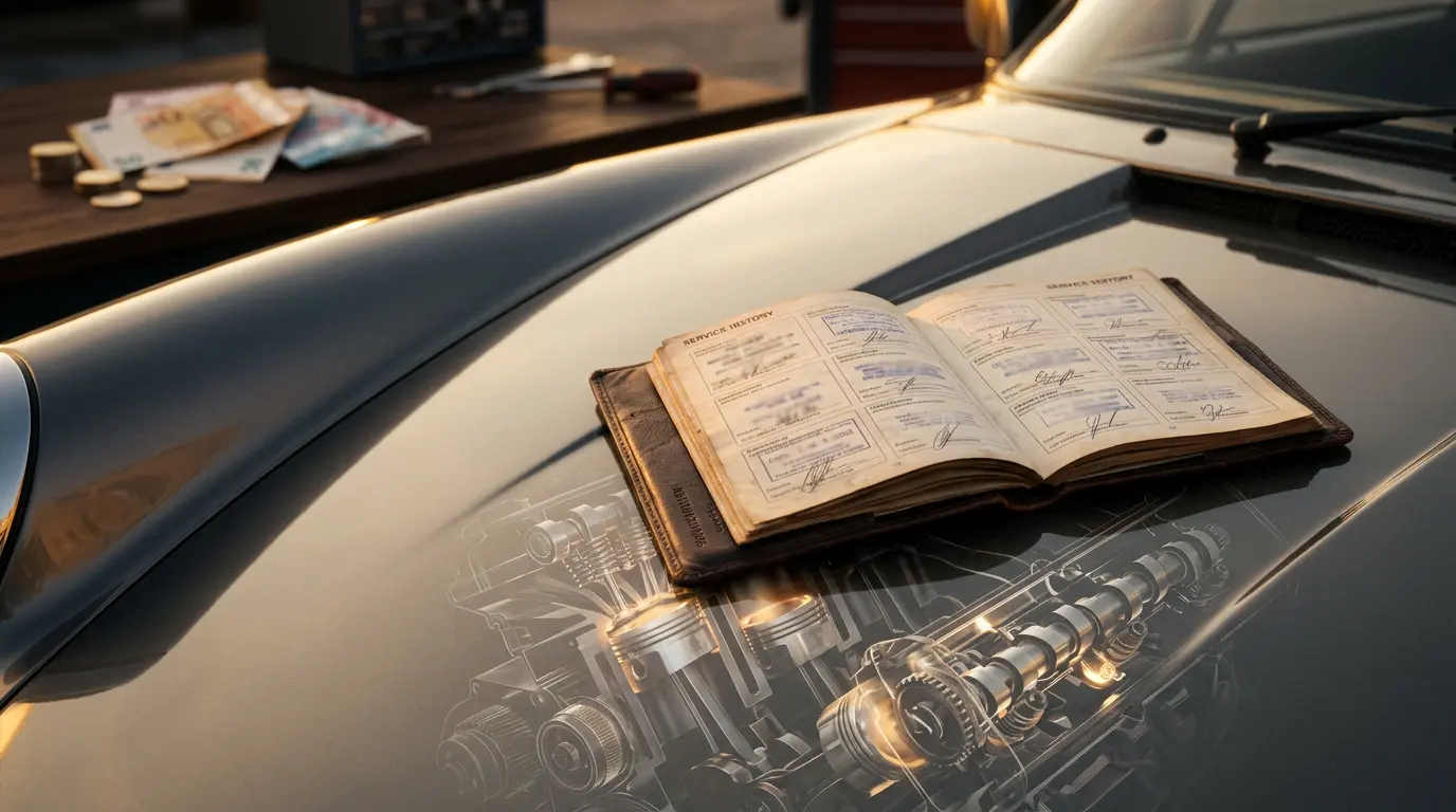 Carnet d'entretien automobile avec mécanique visible et valeur financière