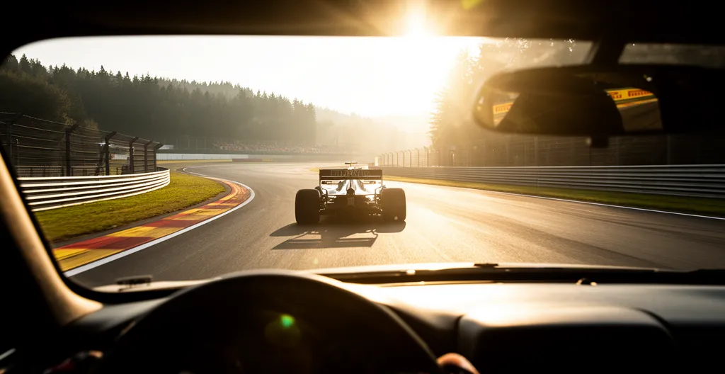 Vue depuis le cockpit d'une voiture de sport sur la montée du Raidillon à Spa-Francorchamps, mains sur le volant sport