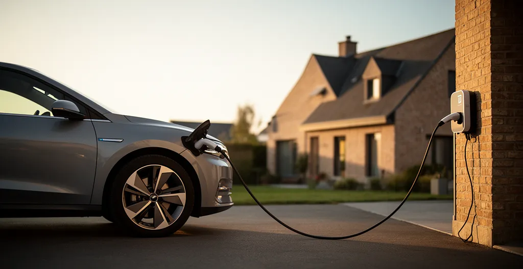 Véhicule hybride rechargeable en charge près d'une borne domestique avec une maison belge en arrière-plan
