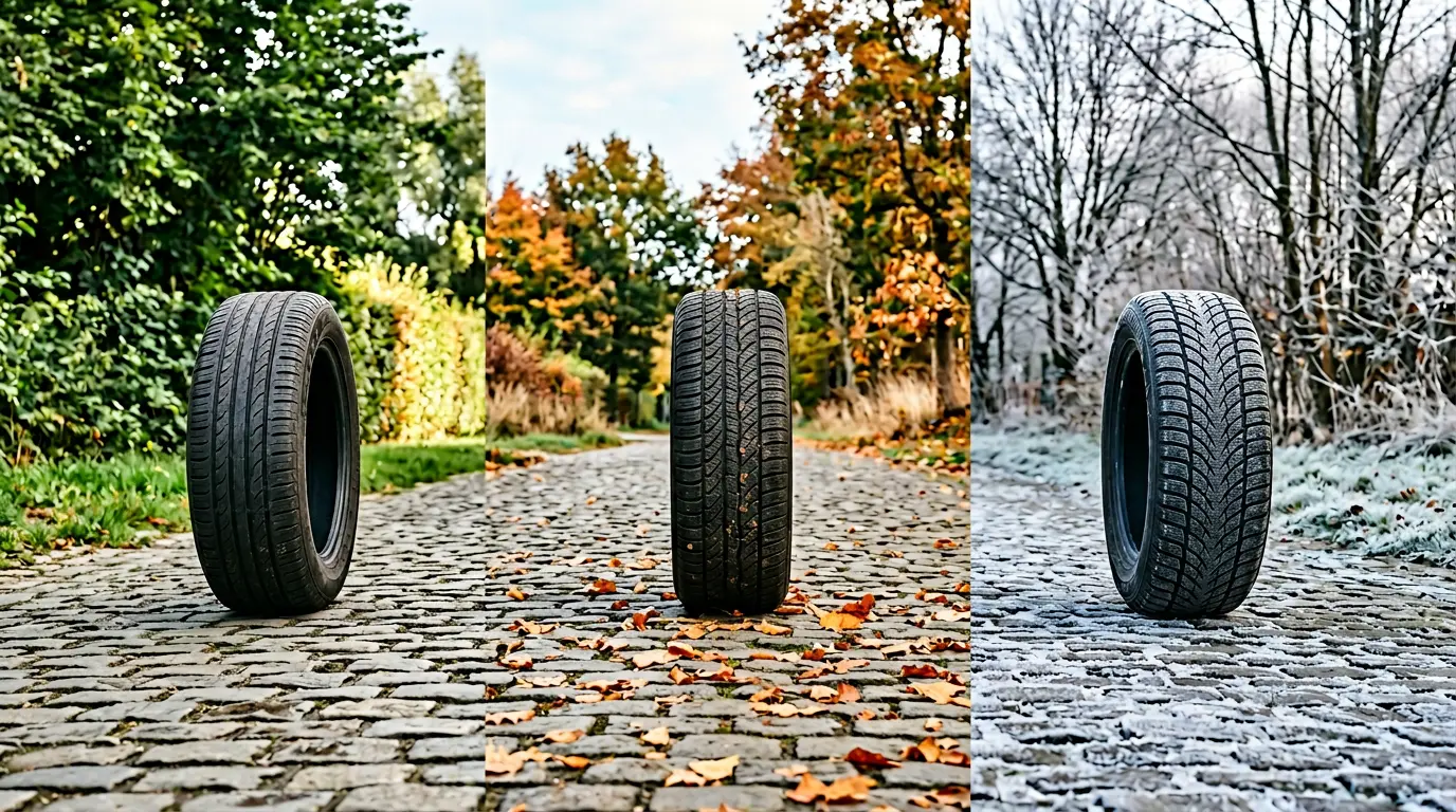 Comparaison visuelle de trois types de pneus sur une route pavée belge typique avec les quatre saisons en arrière-plan