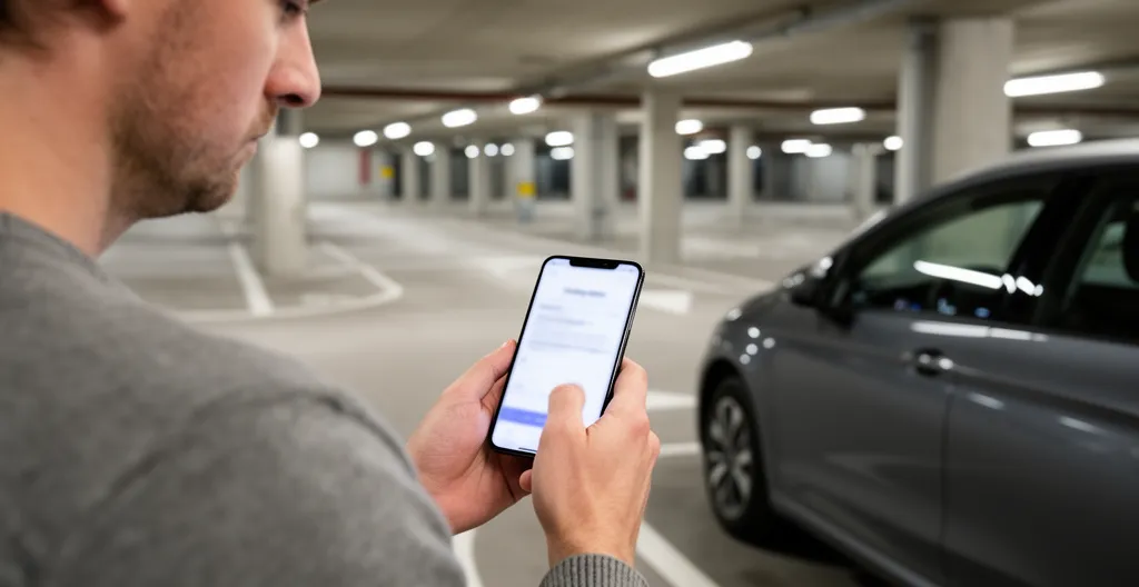 Conducteur belge consultant une application de services automobiles sur smartphone