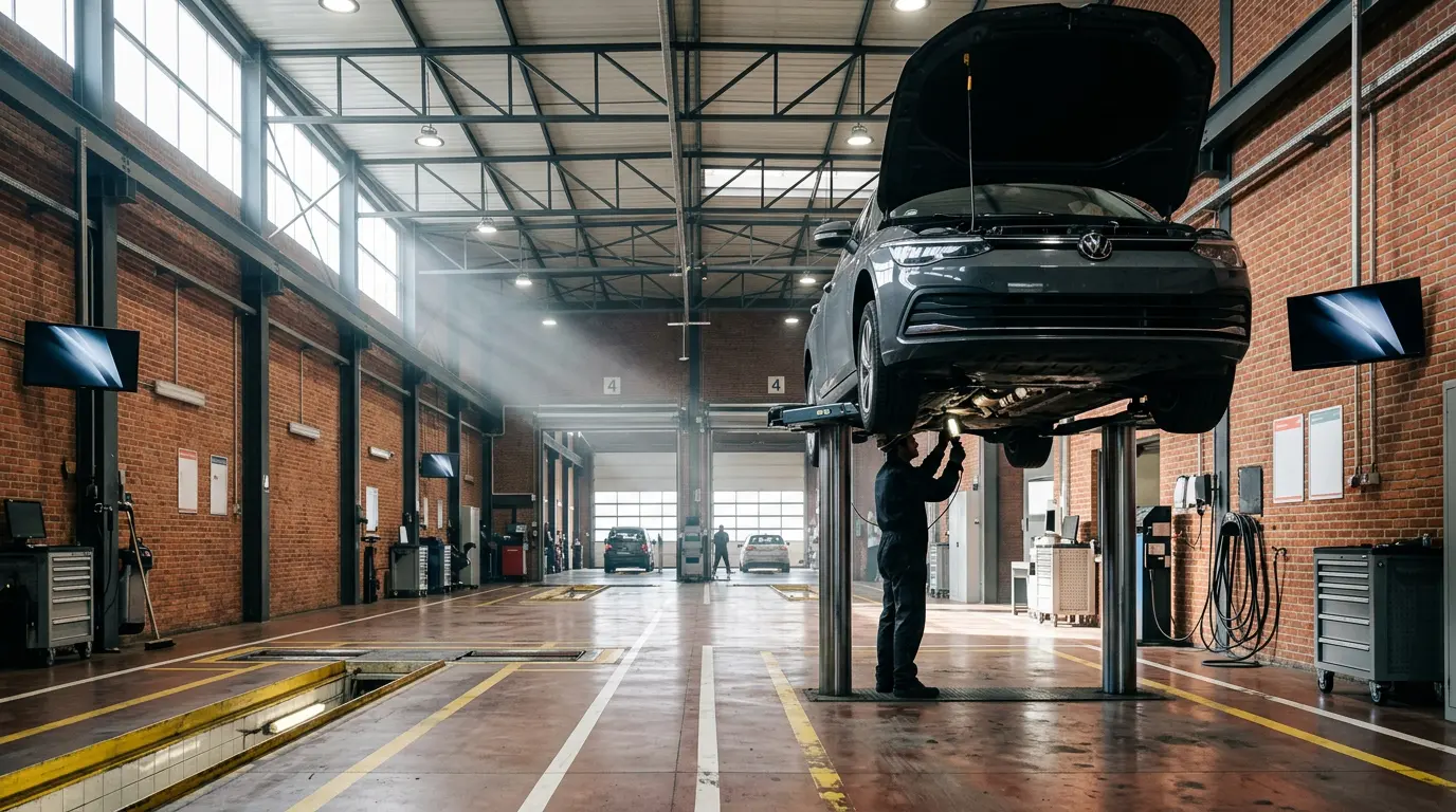 Centre de contrôle technique belge avec voiture en inspection, mécanicien examinant les composants sous le capot