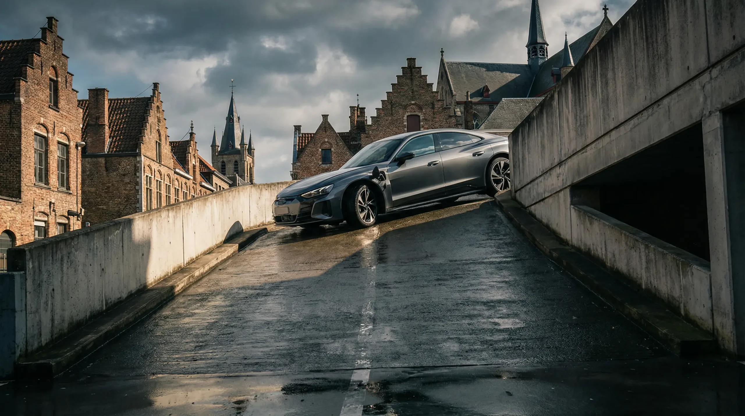 Graphique descendant stylisé représentant la dépréciation d'un véhicule hybride avec contexte urbain belge