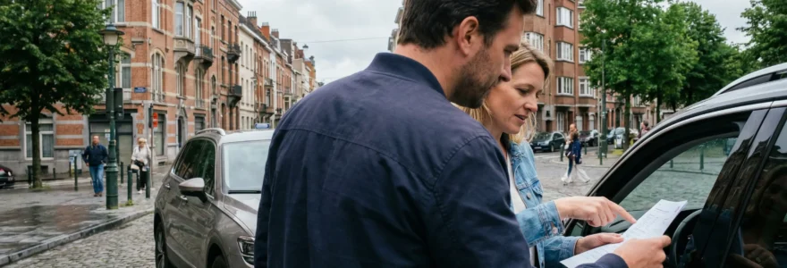 Deux personnes discutent des options de leasing automobile à côté d'un véhicule