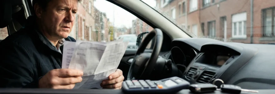 Conducteur belge examinant des documents de leasing automobile avec calculatrice et tableau de bord en arrière-plan