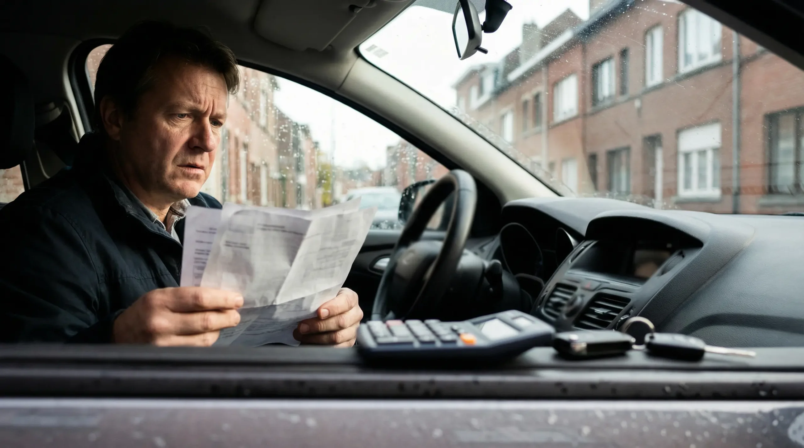 Conducteur belge examinant des documents de leasing automobile avec calculatrice et tableau de bord en arrière-plan