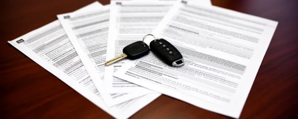 Documents d'assurance auto avec détails flous et clés de voiture sur bureau en bois