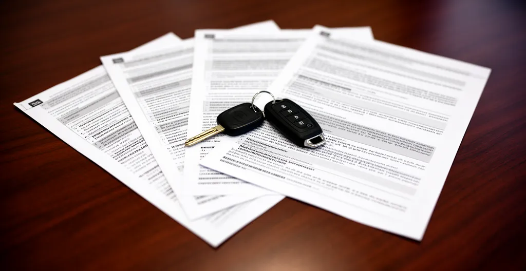 Documents d'assurance auto avec détails flous et clés de voiture sur bureau en bois