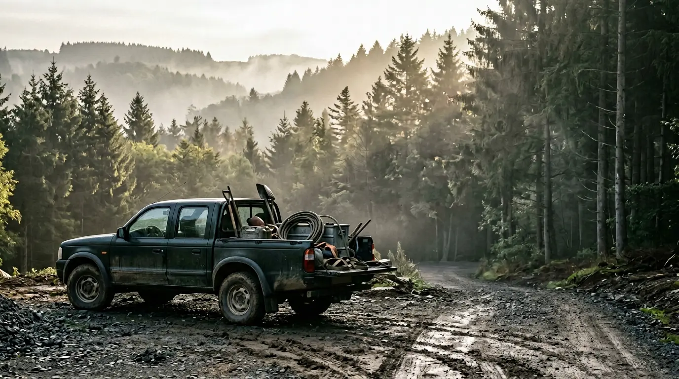 Pick-up professionnel stationné devant un chantier dans les Ardennes wallonnes