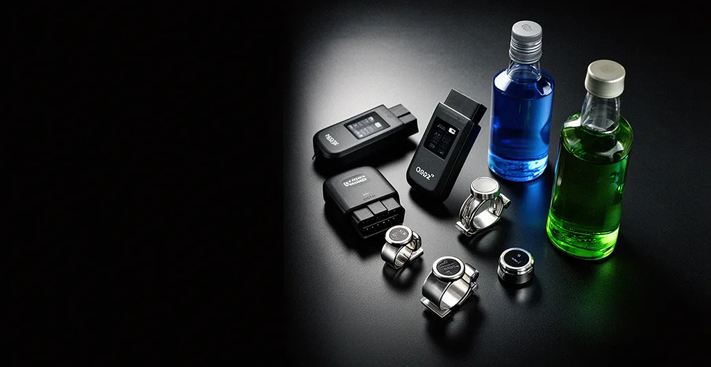 Vue comparative de différents gadgets économiseurs de carburant exposés sur une surface noire avec reflets