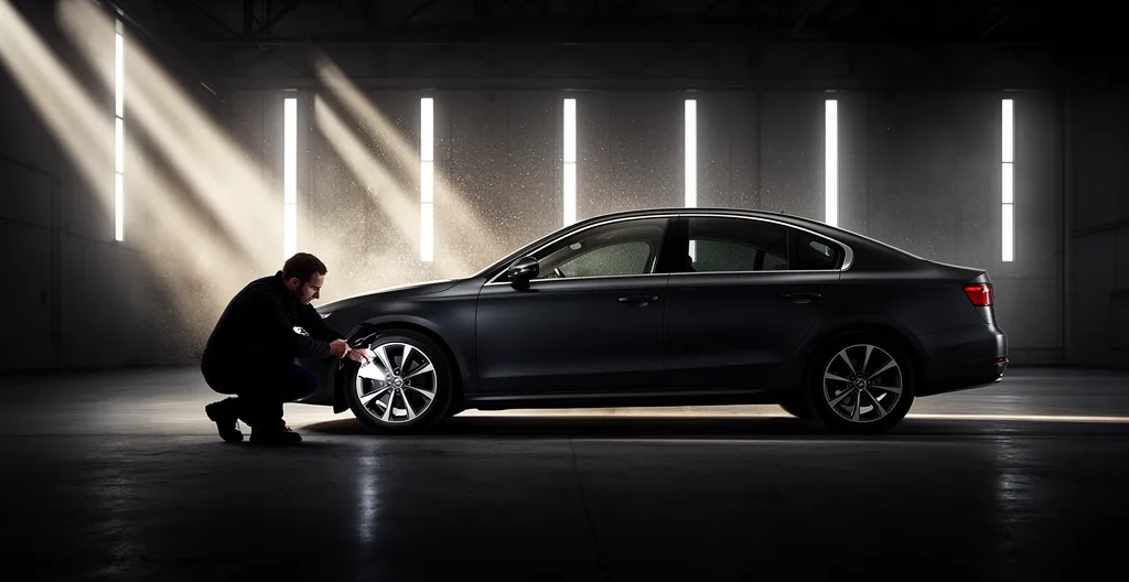 Inspection minutieuse d'une voiture avant enchères avec lumière naturelle révélant les détails cachés