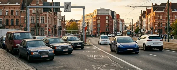 Scène urbaine montrant une voiture électrique moderne dans une zone de basses émissions avec panneau LEZ visible en arrière-plan