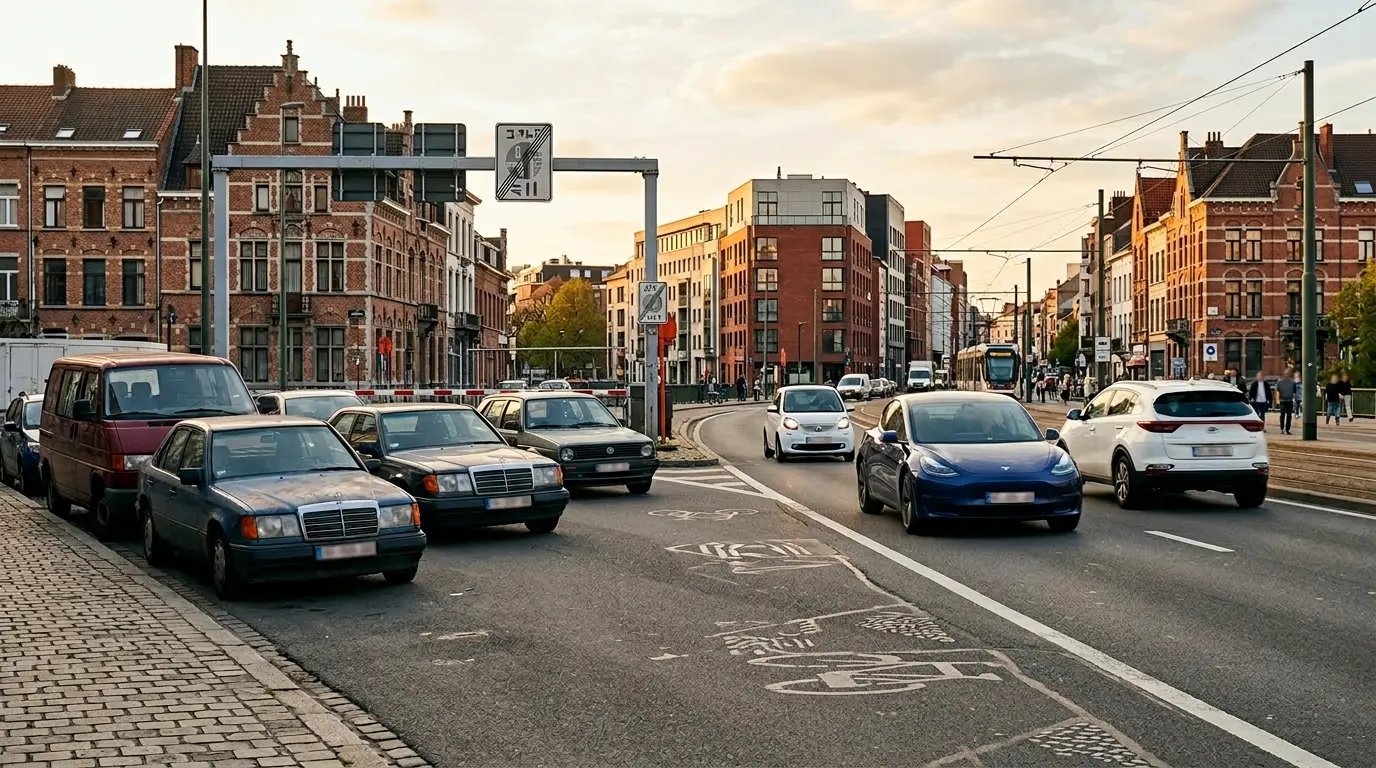 Scène urbaine montrant une voiture électrique moderne dans une zone de basses émissions avec panneau LEZ visible en arrière-plan