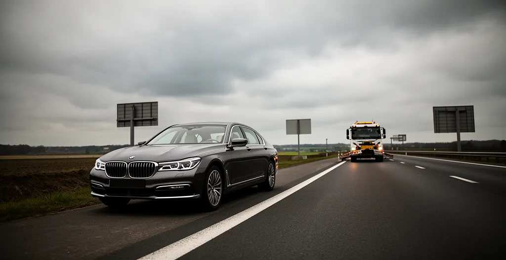 Limousine de luxe immobilisée sur une autoroute belge avec dépanneuse