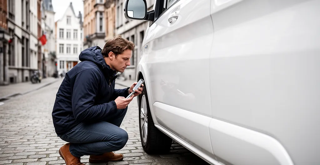 Inspection minutieuse d'un utilitaire de location dans un parking en Belgique