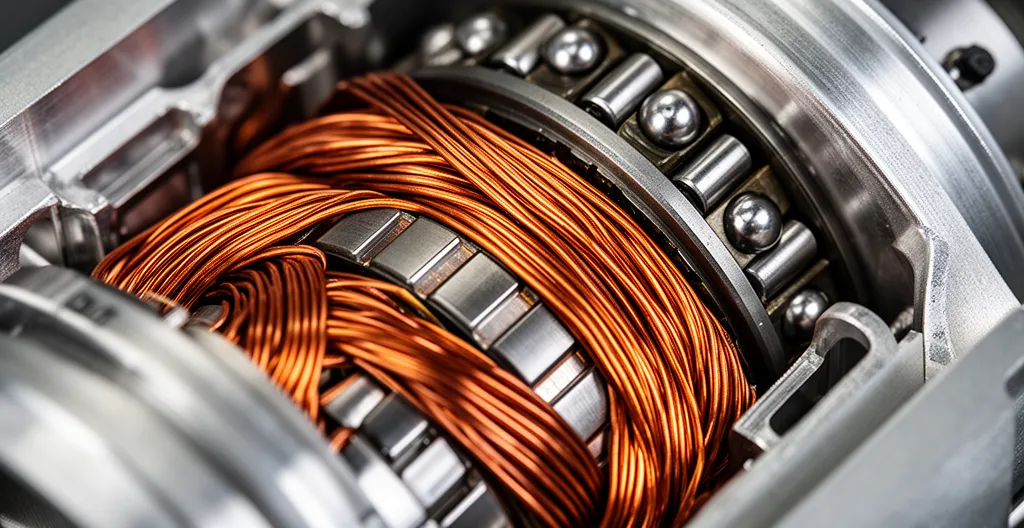 Vue détaillée des composants internes d'un moteur de voiture électrique avec roulements et bobinage visible