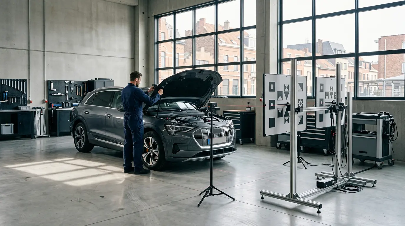 Technicien automobile calibrant une caméra ADAS derrière un pare-brise neuf dans un atelier équipé
