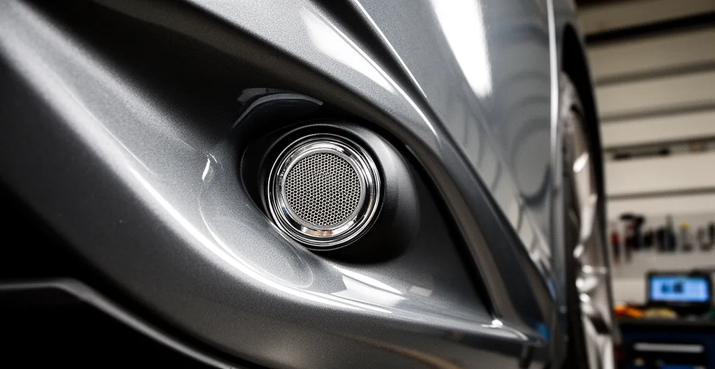 Pare-chocs avant d'une voiture moderne avec capteurs de stationnement intégrés et systèmes ADAS visibles