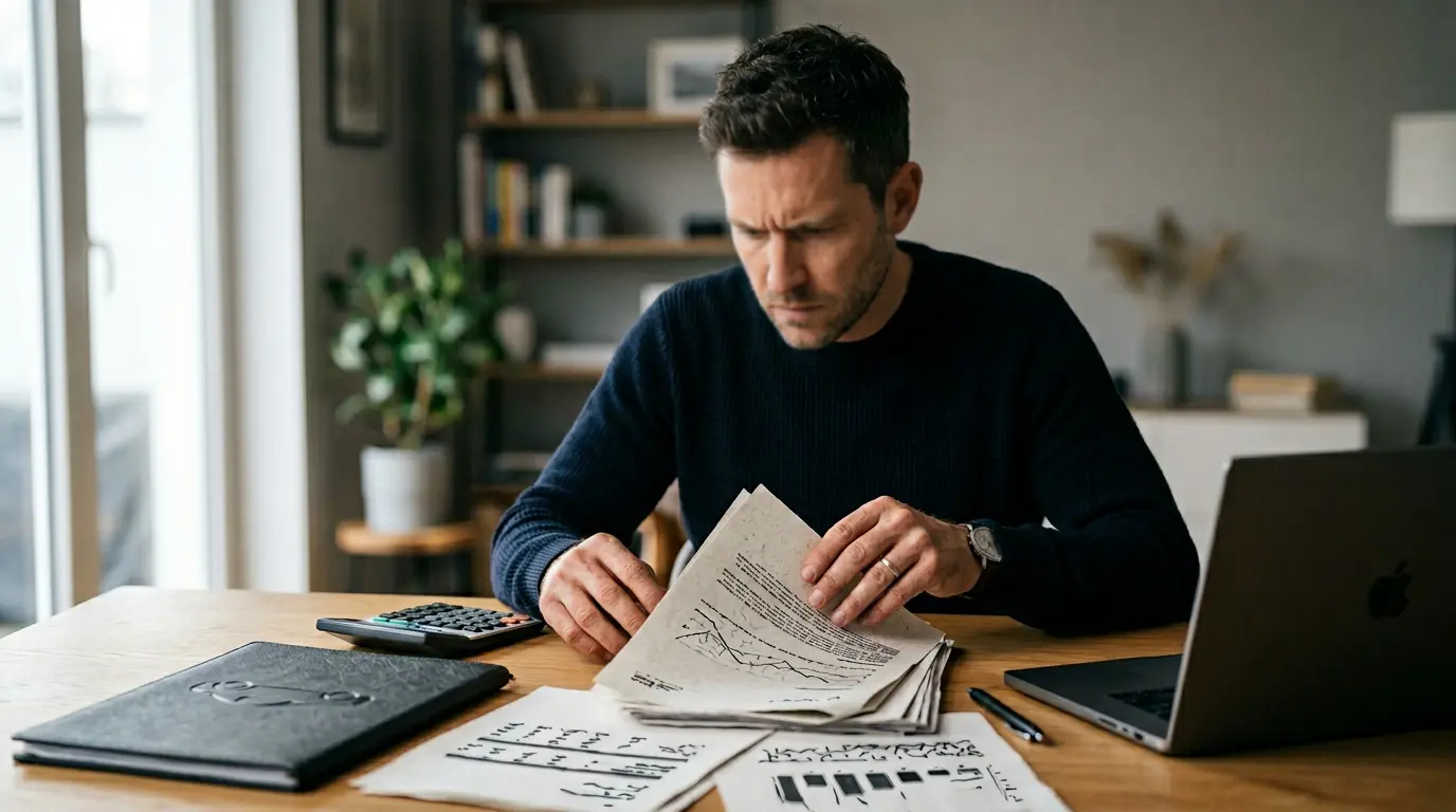 Personne analysant des documents financiers avec une calculatrice devant un dossier de prêt automobile
