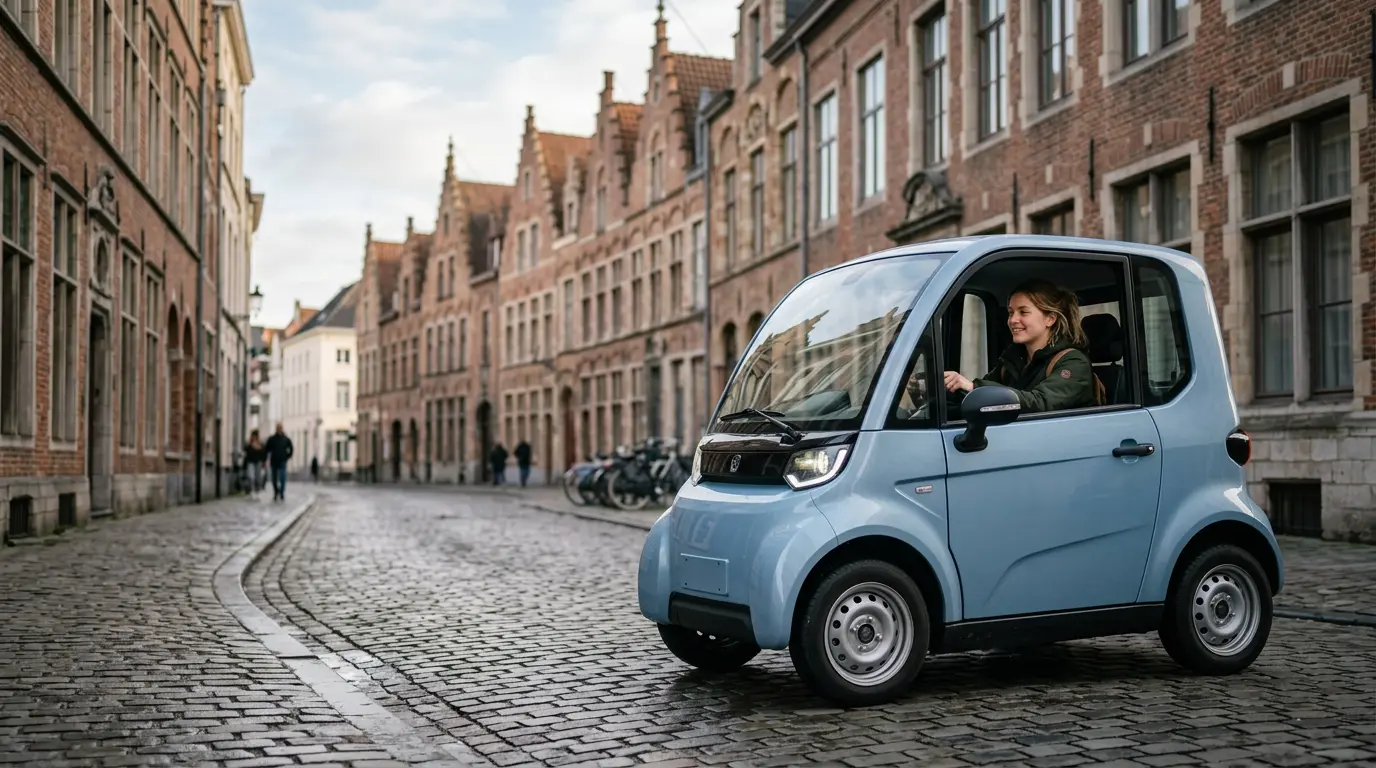 Jeune conducteur au volant d'un quadricycle moderne dans une rue typique belge avec architecture flamande en arrière-plan