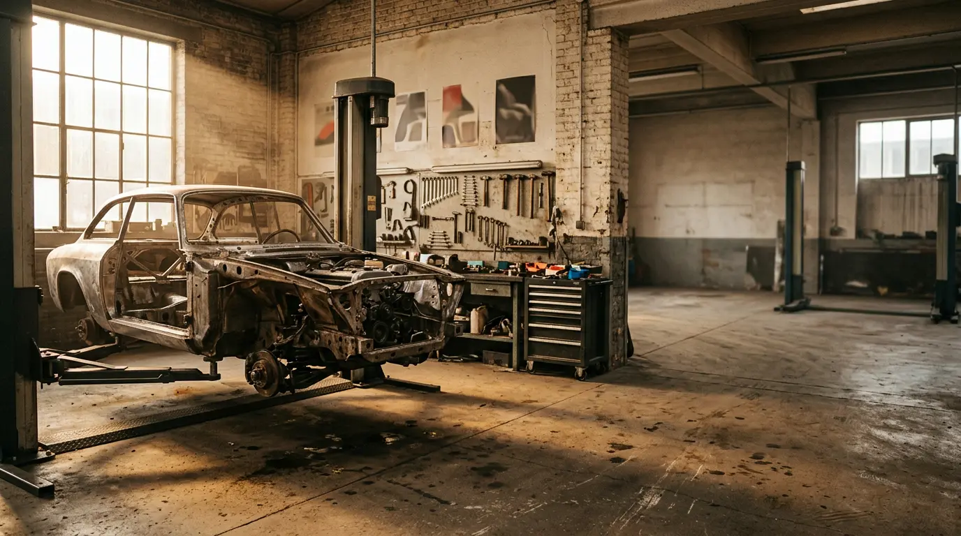 Atelier de restauration automobile avec une voiture classique en cours de rénovation