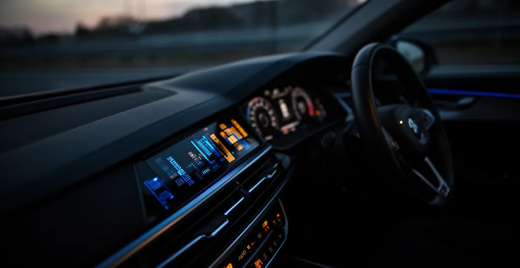 Intérieur moderne de voiture avec systèmes électroniques d'assistance à la conduite visibles sur le tableau de bord, ambiance dramatique suggérant un dysfonctionnement technique