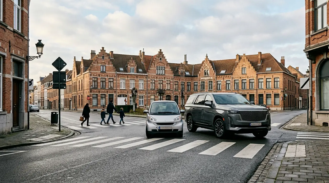 Comparaison visuelle entre un SUV imposant et une citadine dans un environnement urbain belge