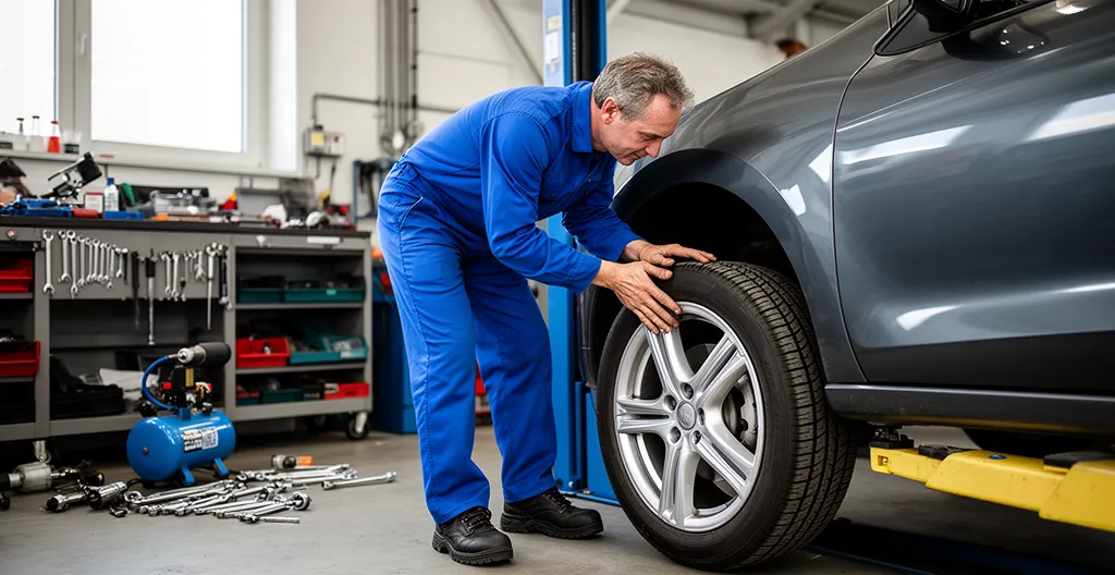 Technicien automobile inspectant l'état d'une roue lors d'un contrôle en Belgique