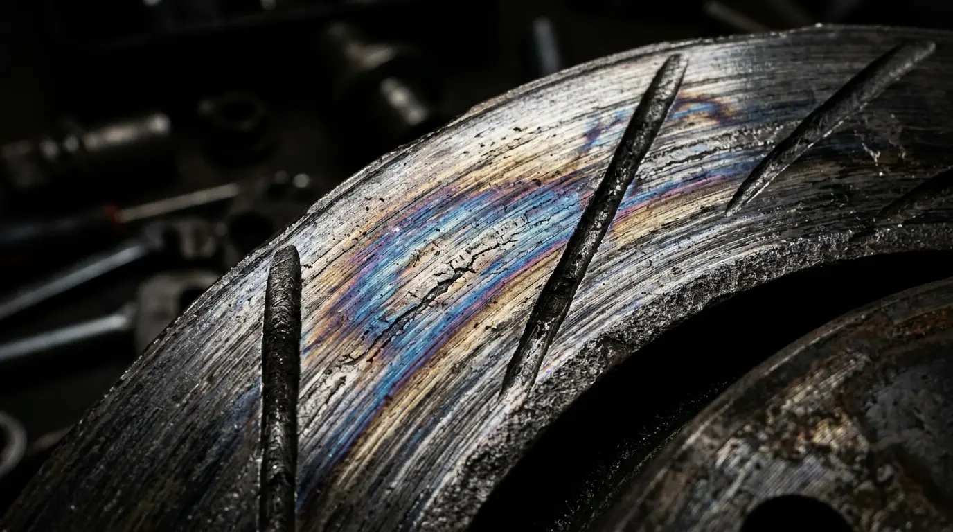 Gros plan sur un disque de frein voilé avec des signes de surchauffe, montrant des stries colorées bleu-violet et des déformations subtiles