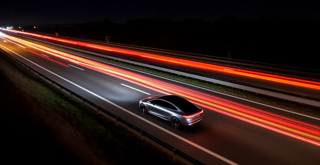 Voiture autonome circulant de nuit sur une autoroute belge avec éclairage urbain