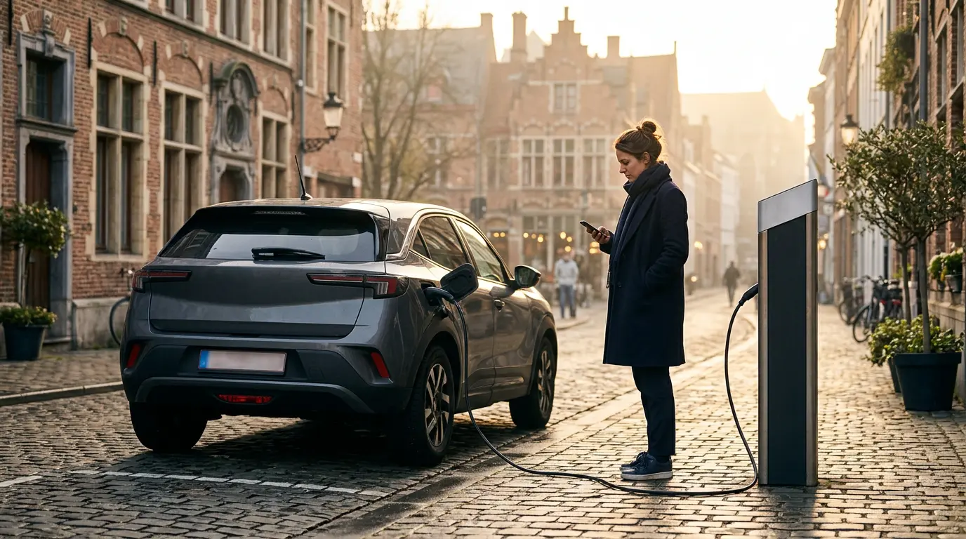 Conducteur belge rechargeant sa voiture électrique à une borne publique en milieu urbain, représentant le défi de vivre sans garage ni borne à domicile