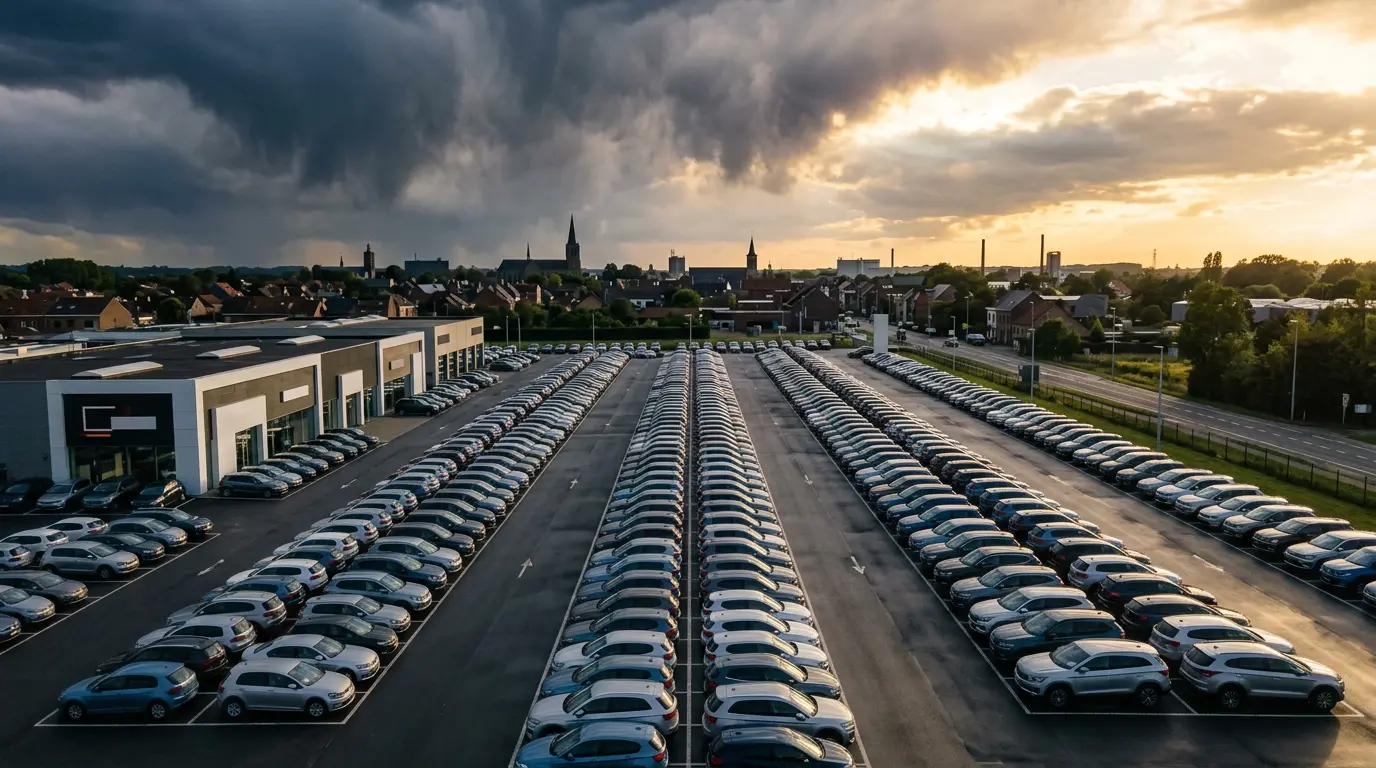 Vue dramatique d'un concessionnaire automobile belge avec des voitures essence neuves sous un ciel incertain