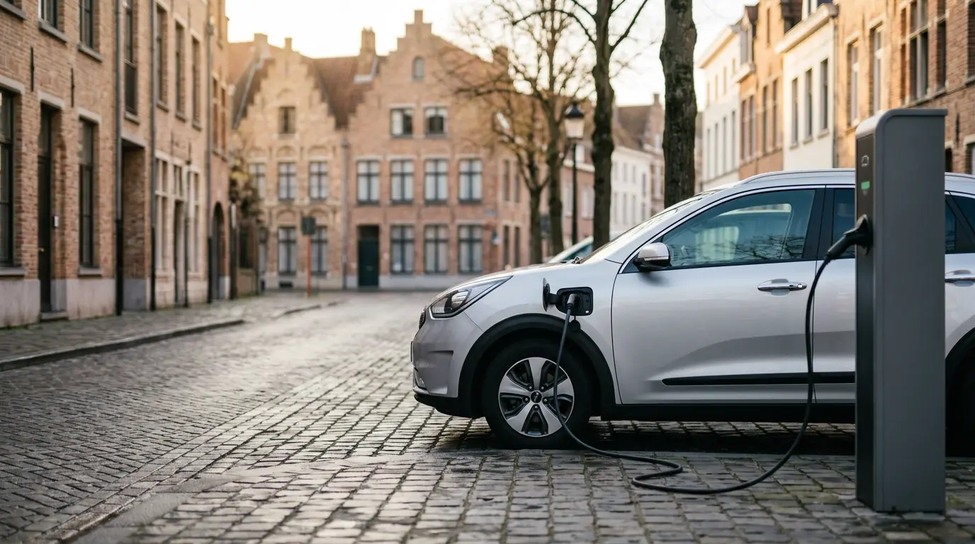 Vue d'une voiture hybride moderne branchée à une borne de recharge dans un environnement urbain belge