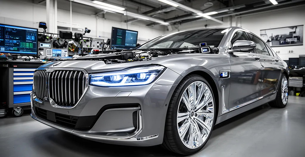 Vue rapprochée d'une voiture moderne avec détails technologiques visibles en atelier de réparation