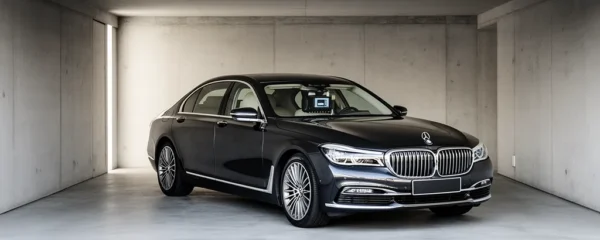 Vue sophistiquée d'une voiture premium sécurisée avec documents d'assurance en arrière-plan