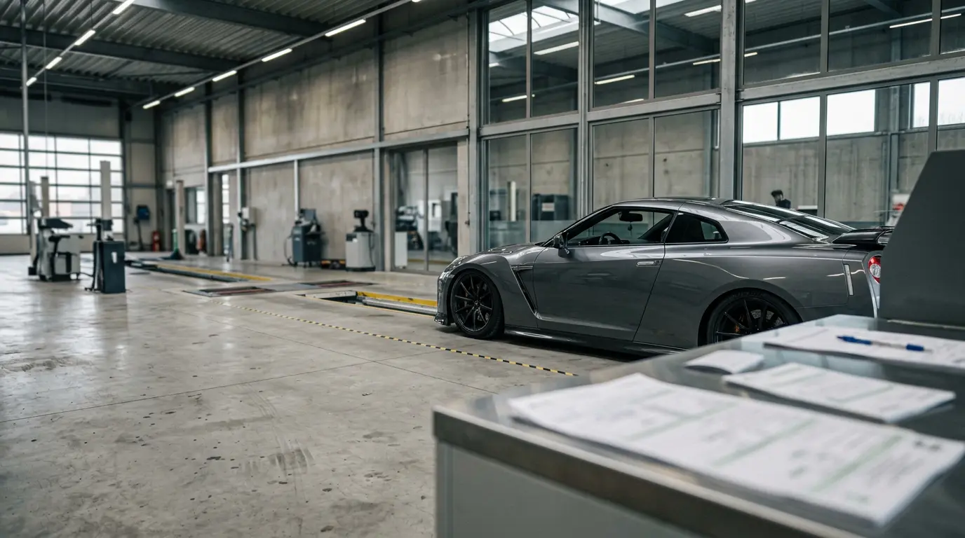 Voiture sportive surbaissée dans un centre de contrôle technique belge avec documents officiels visibles