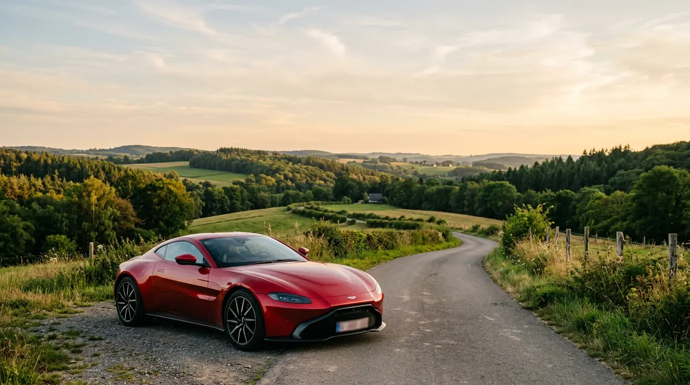Voiture de sport rouge sur route wallonne avec paysage naturel en arrière-plan