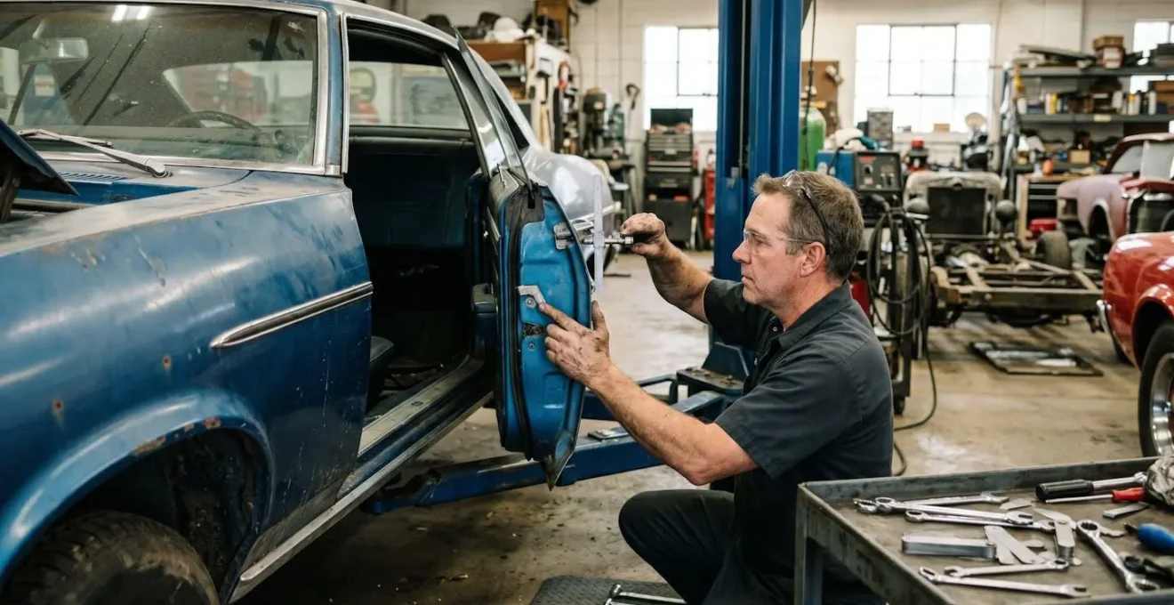 Travail de précision sur l'alignement des portes d'une voiture ancienne