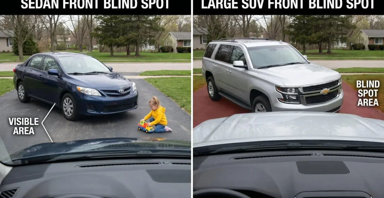 Vue comparative montrant la zone aveugle devant un SUV par rapport à une berline, cachant un enfant.