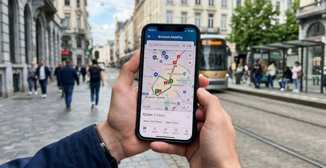 Main tenant un smartphone montrant une interface de mobilité multimodale avec carte de Bruxelles