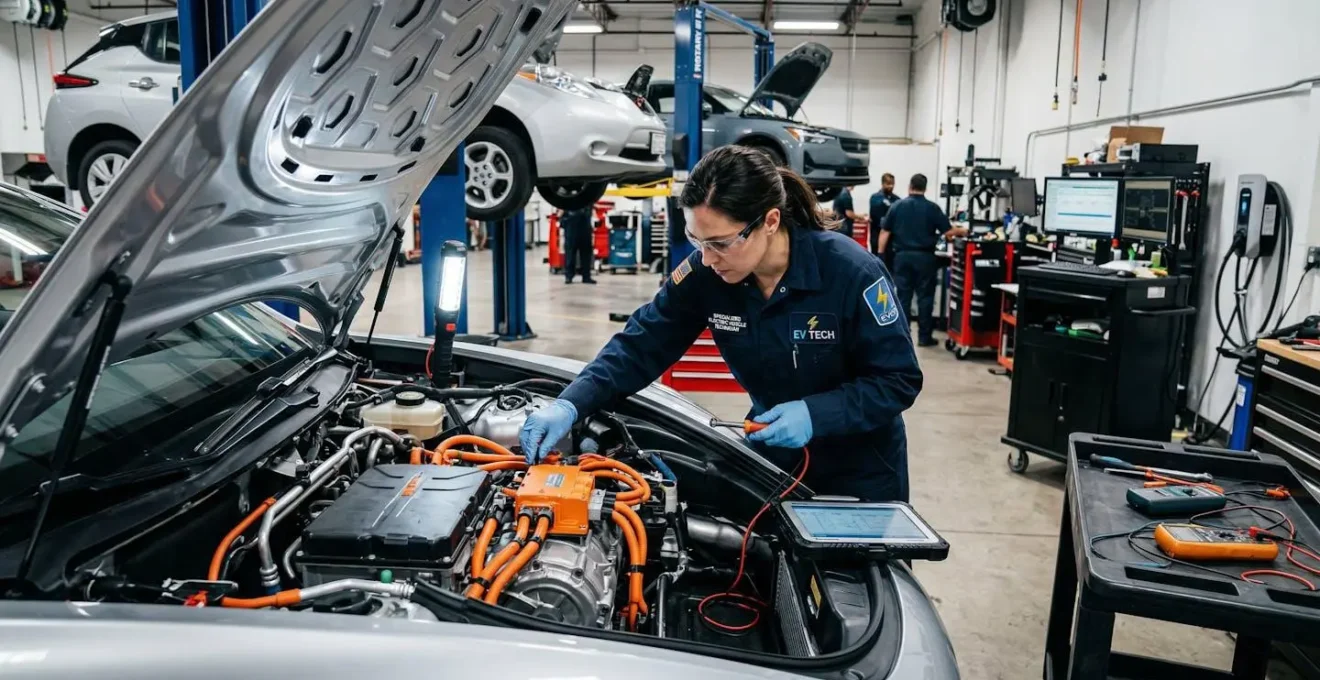Technicien spécialisé travaillant sur un moteur électrique automobile dans un atelier