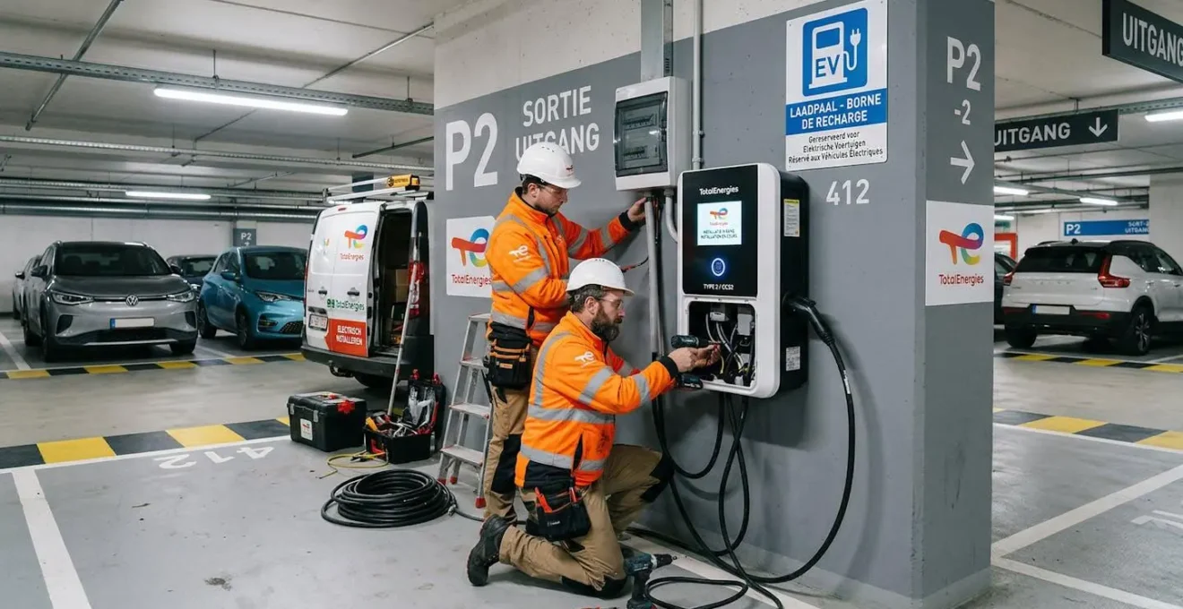 Installation d'une borne de recharge moderne dans un parking souterrain d'immeuble belge
