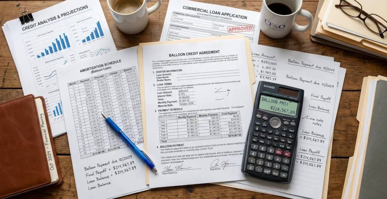 Vue macro de documents financiers avec calculatrice montrant des calculs de crédit ballon