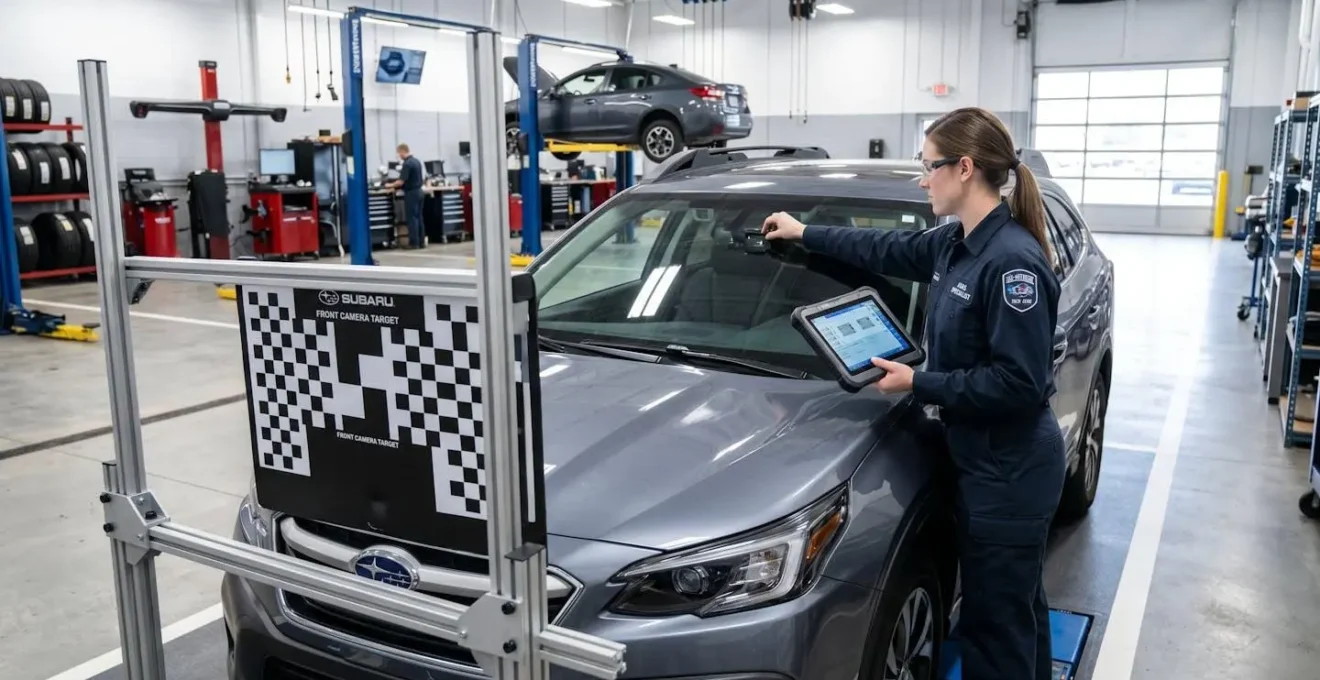 Technicien effectuant une calibration de caméra ADAS sur un pare-brise dans un atelier automobile moderne