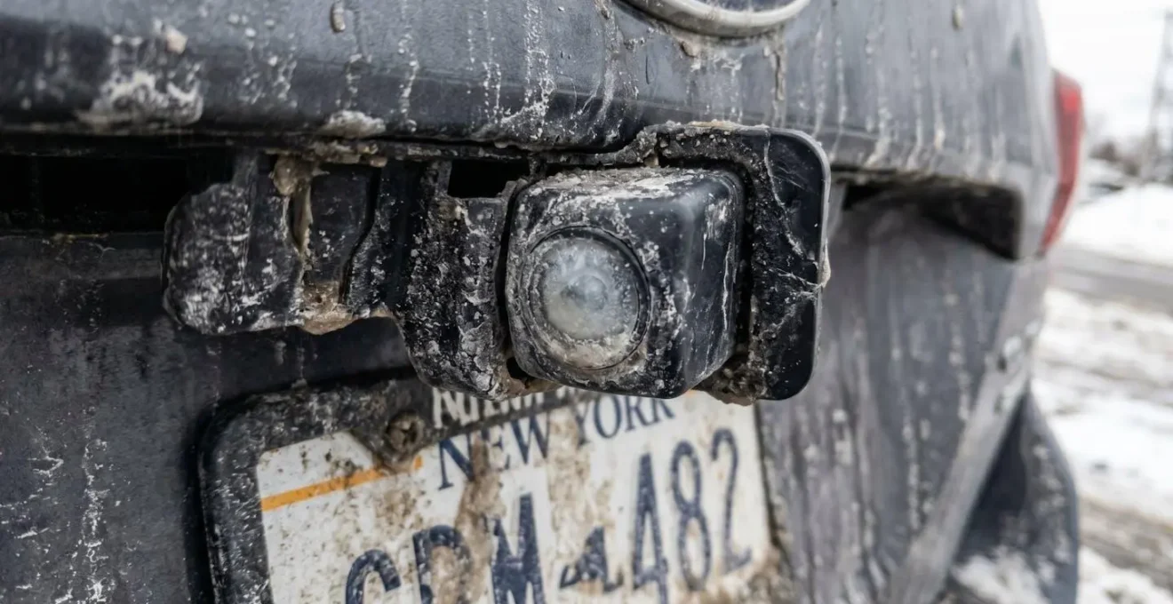 Gros plan sur une caméra de recul encrassée par la saumure de sel hivernale