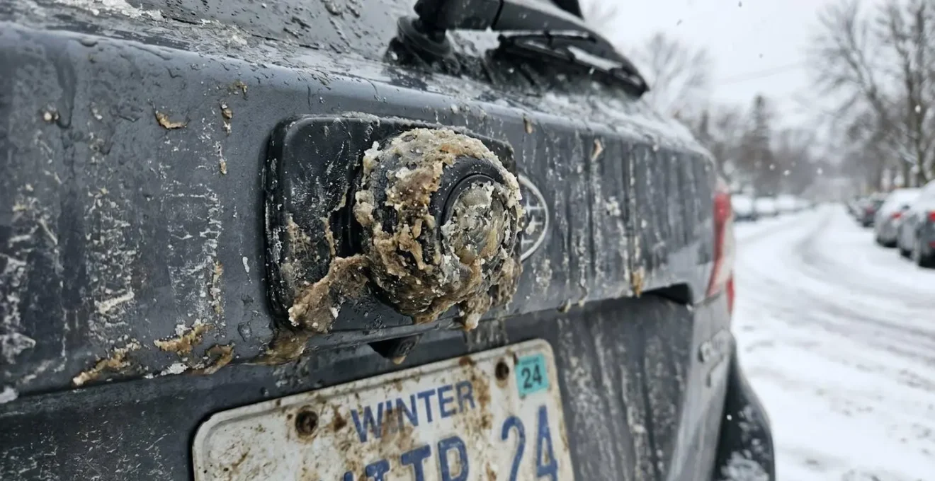 Caméra de recul d'une voiture recouverte de boue et sel de déneigement en hiver