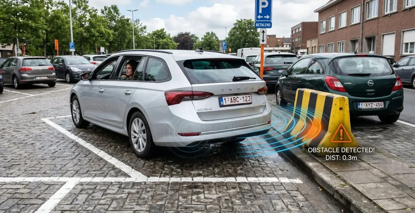 Capteurs à ultrasons détectant les obstacles lors d'une manœuvre en marche arrière dans un parking belge