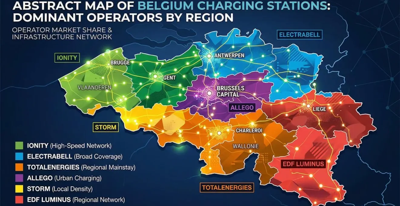 Carte visuelle abstraite des territoires de recharge en Belgique avec zones colorées représentant les différents opérateurs dominants par région