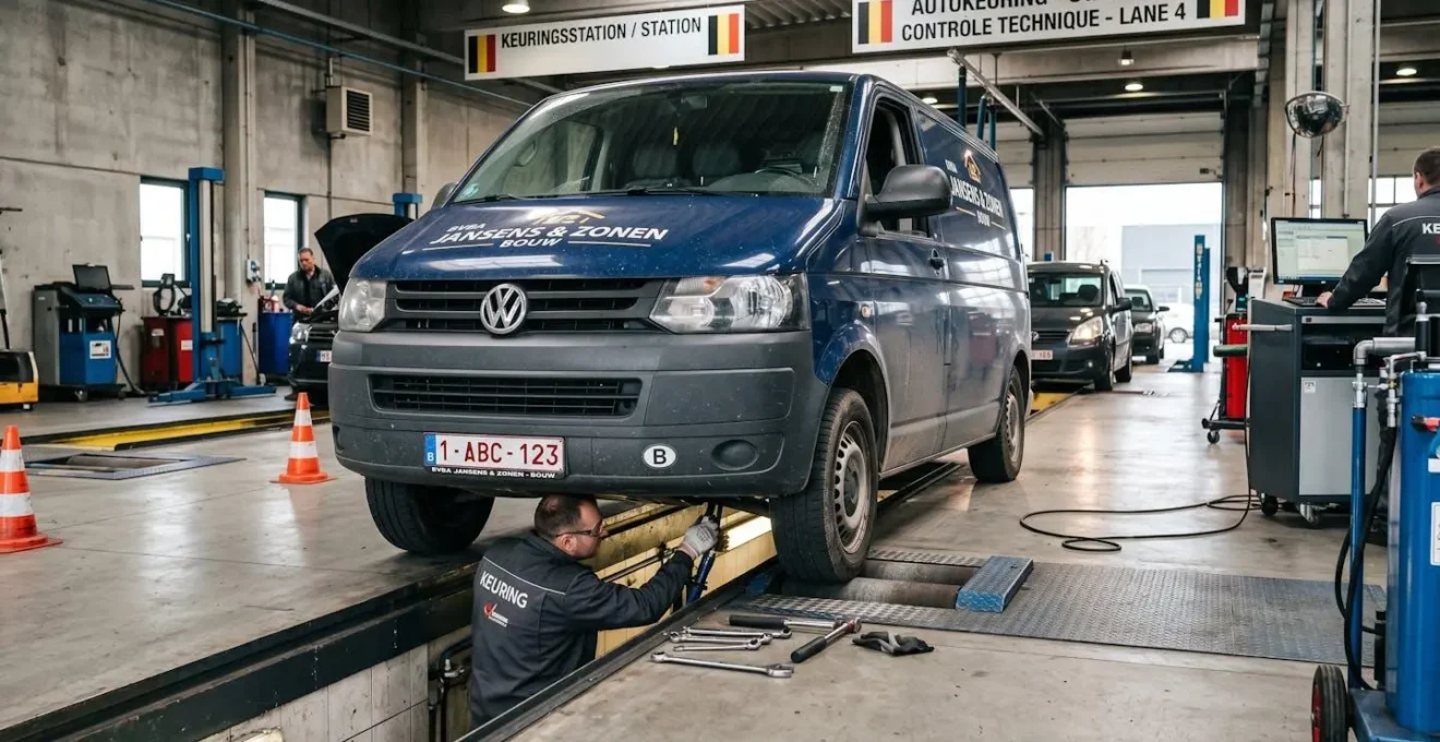Vue d'un utilitaire dans une station de contrôle technique belge avec mécanicien effectuant l'inspection